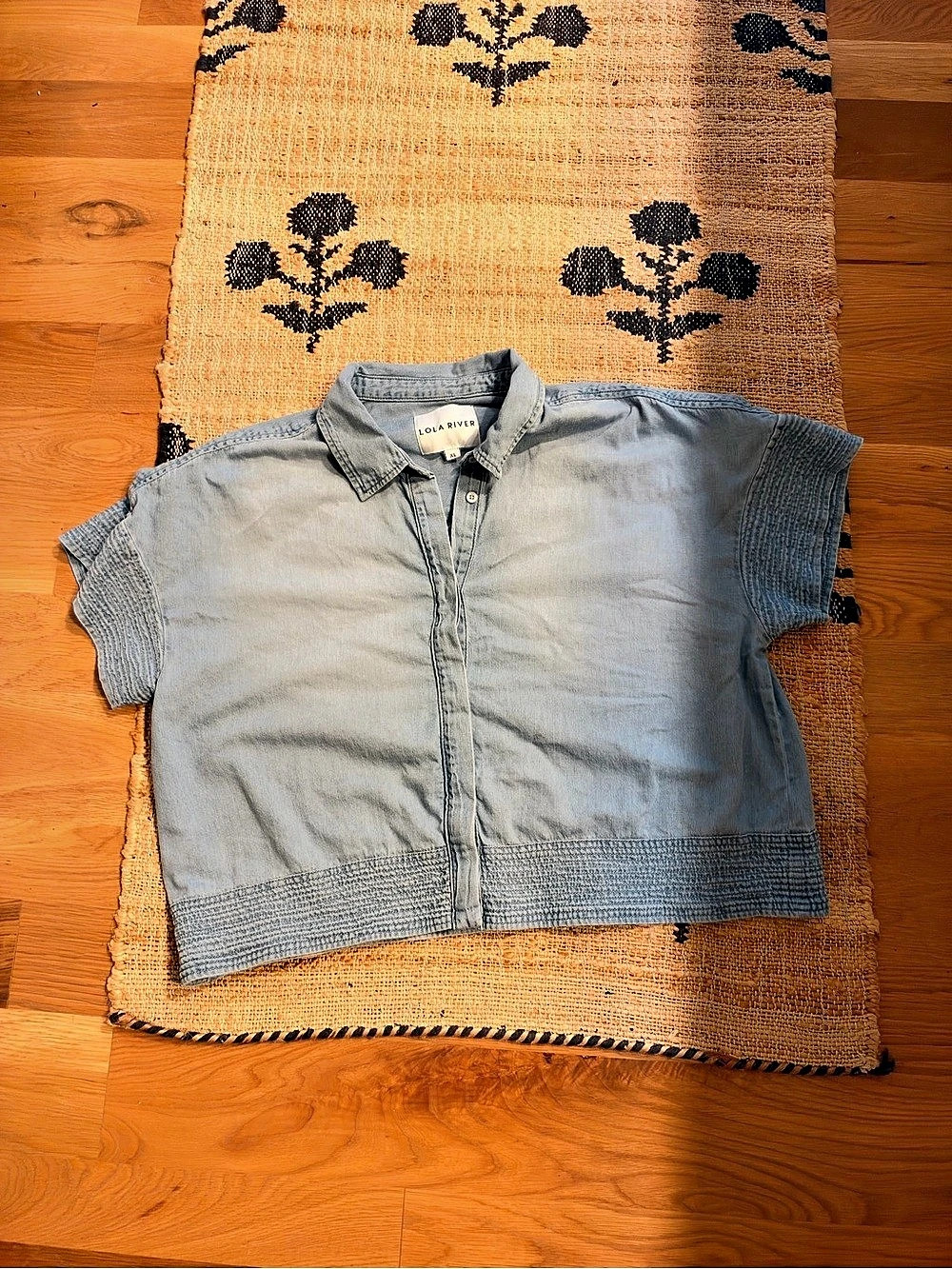 Lola River Short Sleeve Denim Button-Down Shirt Blue XL 100% cotton